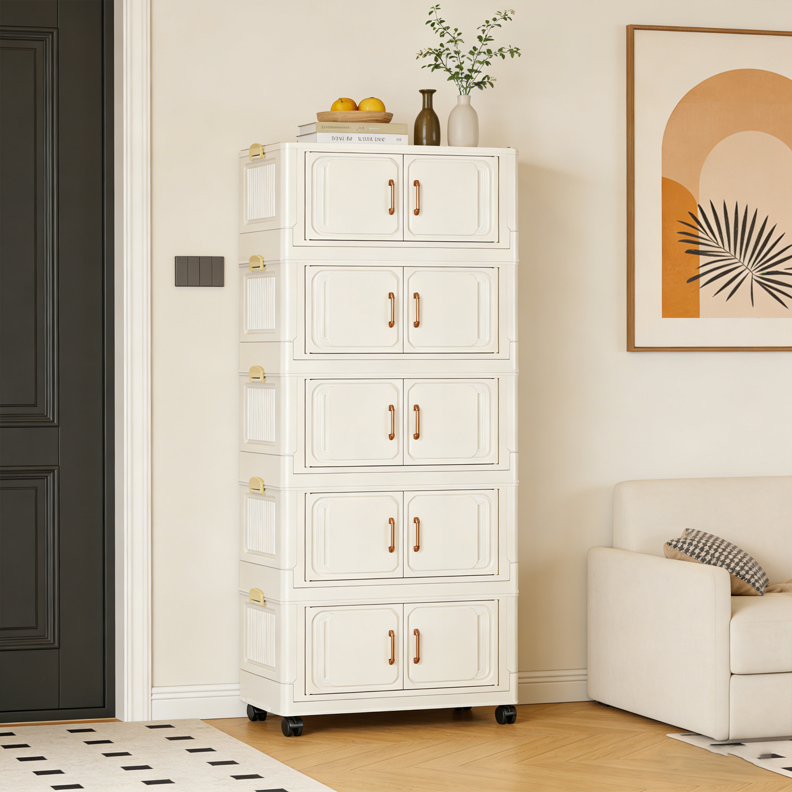 large size 5 tier storage boxes with rotating and lockable wheels foldable plastic storage box stackable transparent closet organizers with lid and door for bedroom 140cm high