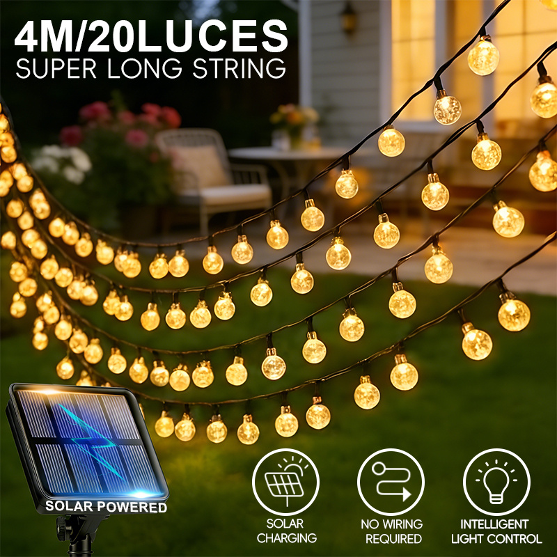 Guirnalda de luces solares con bolas de cristal, disponible en varios modelos de 4/6/10 LED con cable, guirnalda decorativa para uso en exteriores con   festivo, ideal para jardín, fiestas, decoración interior y exterior de vehículos recreativos y camping.