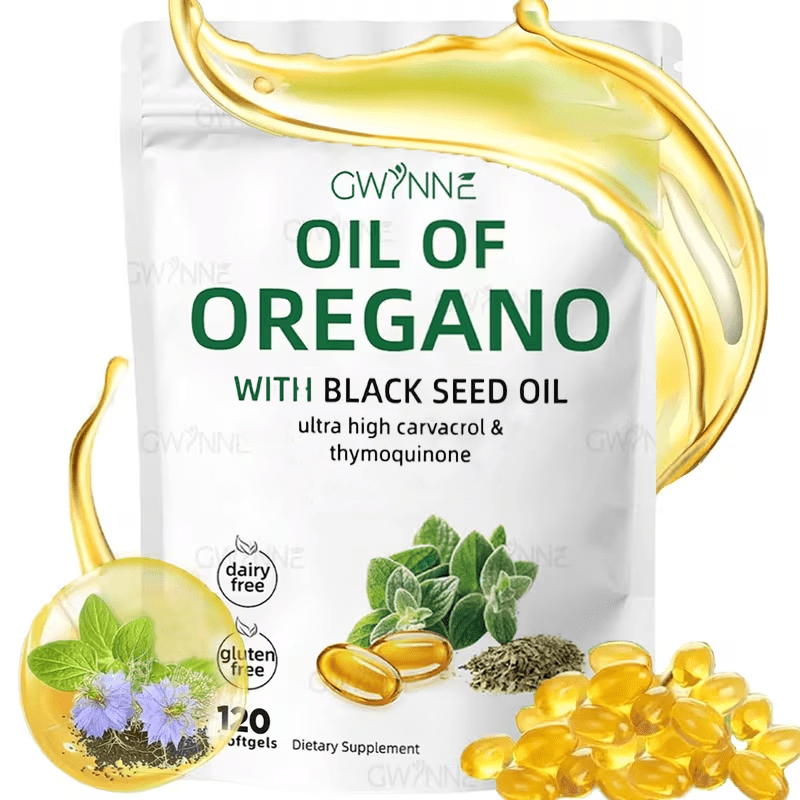 imagen del artículo Cápsulas de aceite de orégano Gwynne, un complemento alimenticio de alta calidad. Cada dosis contiene 6000 mg, una mezcla de aceite de orégano y aceite de semillas de comino negro. Este complemento alimenticio de origen vegetal, elaborado con una fórmula a base de extractos de hierbas, ayuda a proporcionar un apoyo nutricional. Envase de 120 cápsulas., Abrir en una nueva pestaña.