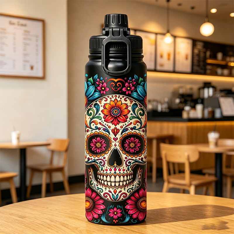 Botella Térmica Premium 1000 ml, Diseño Calavera Día de los Muertos, Acero Inoxidable 316 Grado Alimenticio, Doble Pared al Vacío, 24h Frío y 12h Caliente, Anti-Goteo