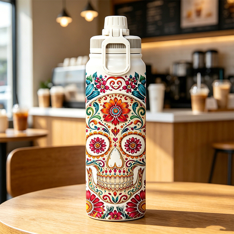 Botella Térmica Premium 1000 ml, Diseño Calavera Día de los Muertos, Acero Inoxidable 316 Grado Alimenticio, Doble Pared al Vacío, 24h Frío y 12h Caliente, Anti-Goteo