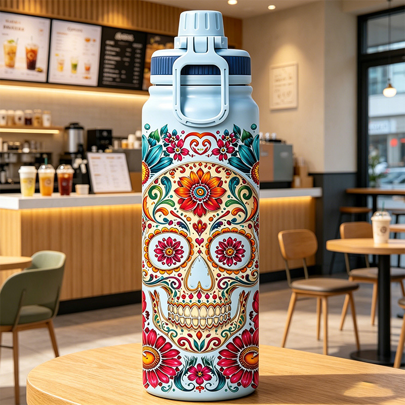 Botella Térmica Premium 1000 ml, Diseño Calavera Día de los Muertos, Acero Inoxidable 316 Grado Alimenticio, Doble Pared al Vacío, 24h Frío y 12h Caliente, Anti-Goteo