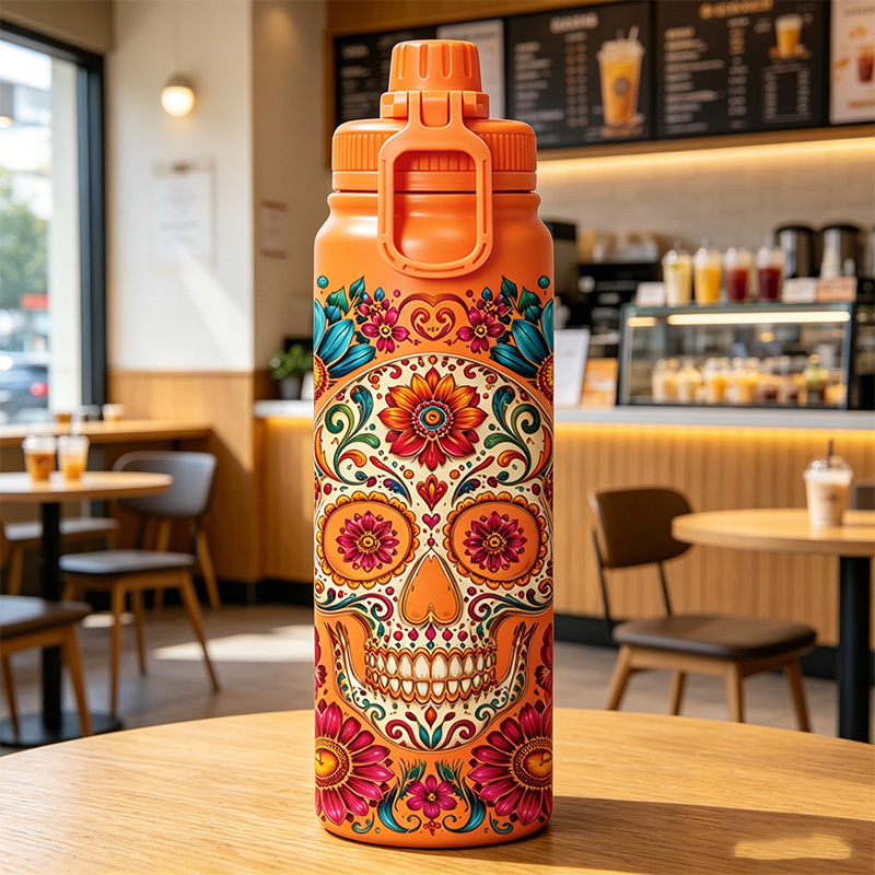 Botella Térmica Premium 1000 ml, Diseño Calavera Día de los Muertos, Acero Inoxidable 316 Grado Alimenticio, Doble Pared al Vacío, 24h Frío y 12h Caliente, Anti-Goteo