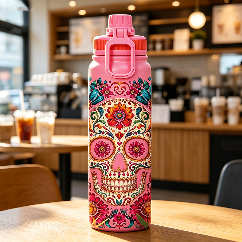 Botella Térmica Premium 1000 ml, Diseño Calavera Día de los Muertos, Acero Inoxidable 316 Grado Alimenticio, Doble Pared al Vacío, 24h Frío y 12h Caliente, Anti-Goteo