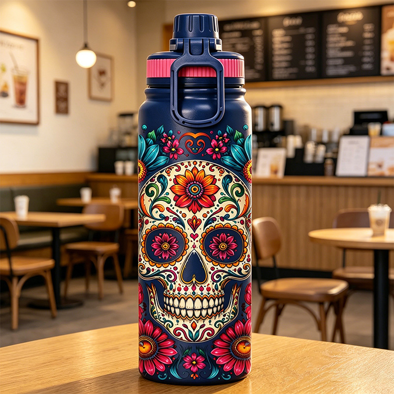 Botella Térmica Premium 1000 ml, Diseño Calavera Día de los Muertos, Acero Inoxidable 316 Grado Alimenticio, Doble Pared al Vacío, 24h Frío y 12h Caliente, Anti-Goteo