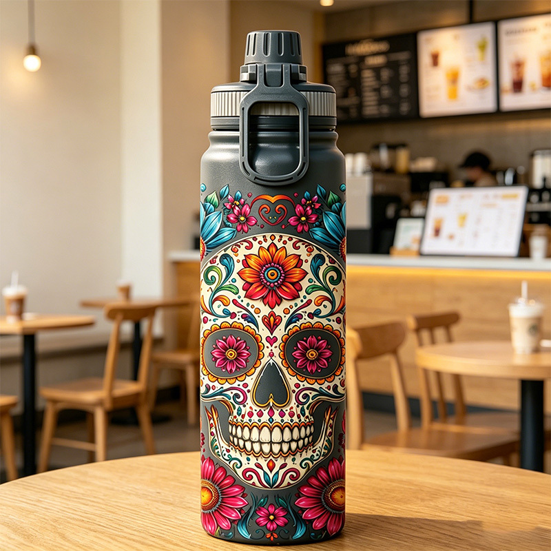 Botella Térmica Premium 1000 ml, Diseño Calavera Día de los Muertos, Acero Inoxidable 316 Grado Alimenticio, Doble Pared al Vacío, 24h Frío y 12h Caliente, Anti-Goteo