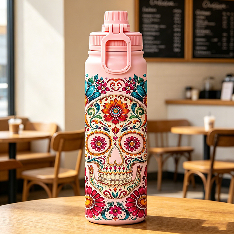 Botella Térmica Premium 1000 ml, Diseño Calavera Día de los Muertos, Acero Inoxidable 316 Grado Alimenticio, Doble Pared al Vacío, 24h Frío y 12h Caliente, Anti-Goteo