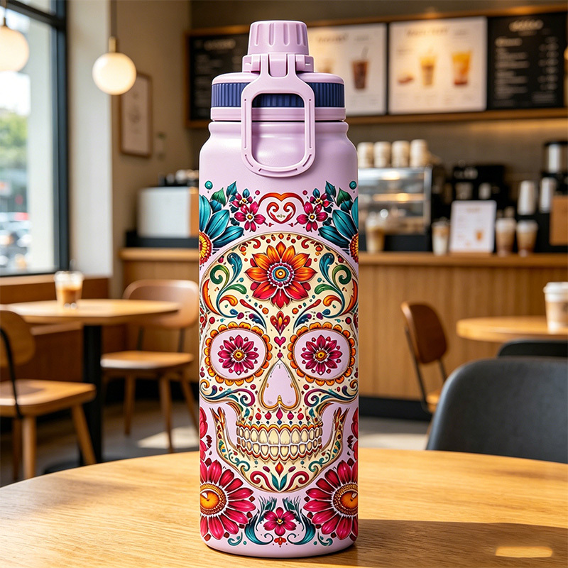 Botella Térmica Premium 1000 ml, Diseño Calavera Día de los Muertos, Acero Inoxidable 316 Grado Alimenticio, Doble Pared al Vacío, 24h Frío y 12h Caliente, Anti-Goteo