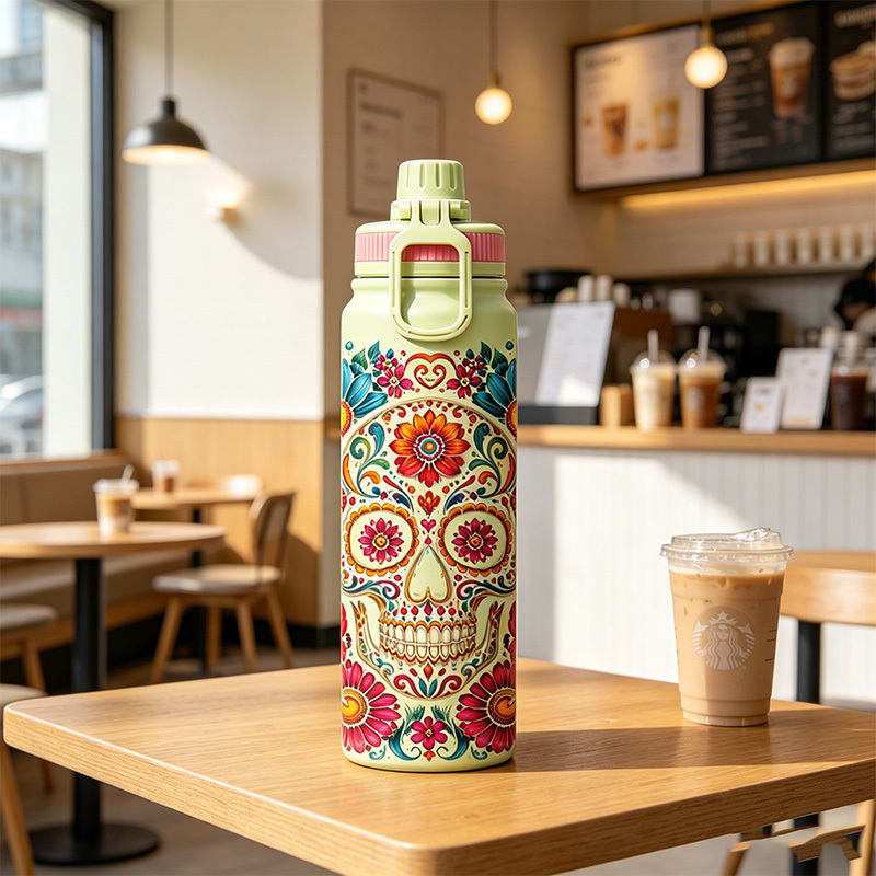 Botella Térmica Premium 1000 ml, Diseño Calavera Día de los Muertos, Acero Inoxidable 316 Grado Alimenticio, Doble Pared al Vacío, 24h Frío y 12h Caliente, Anti-Goteo