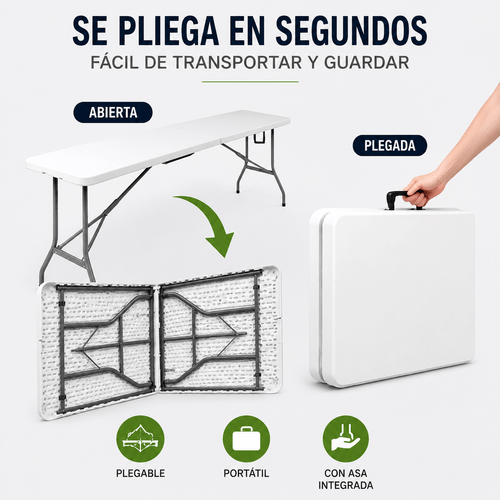 mesa plegable de 360° y 1,80 m. mesa de jardín portátil. mesa plegable de plástico resistente. mesa de multifuncional tipo carpeta. mesa de jardín .