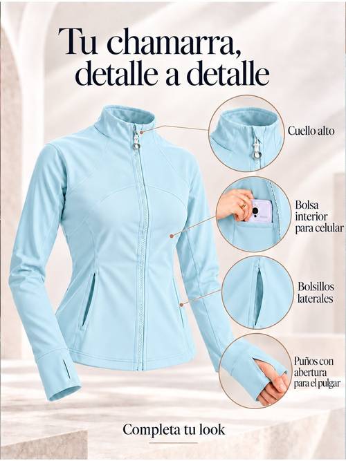 sudadera deportiva activewear para mujer con cierre y larga, tela elástica de soporte ideal para gym, yoga y running para uso