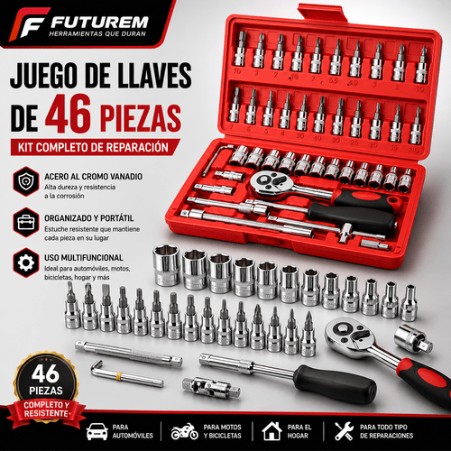 kit de herramientas de reparación automotriz de 46 piezas multiusos, compuesto por llaves de vaso, , llaves dinamométricas y destornilladores, set portátil para de vehículos