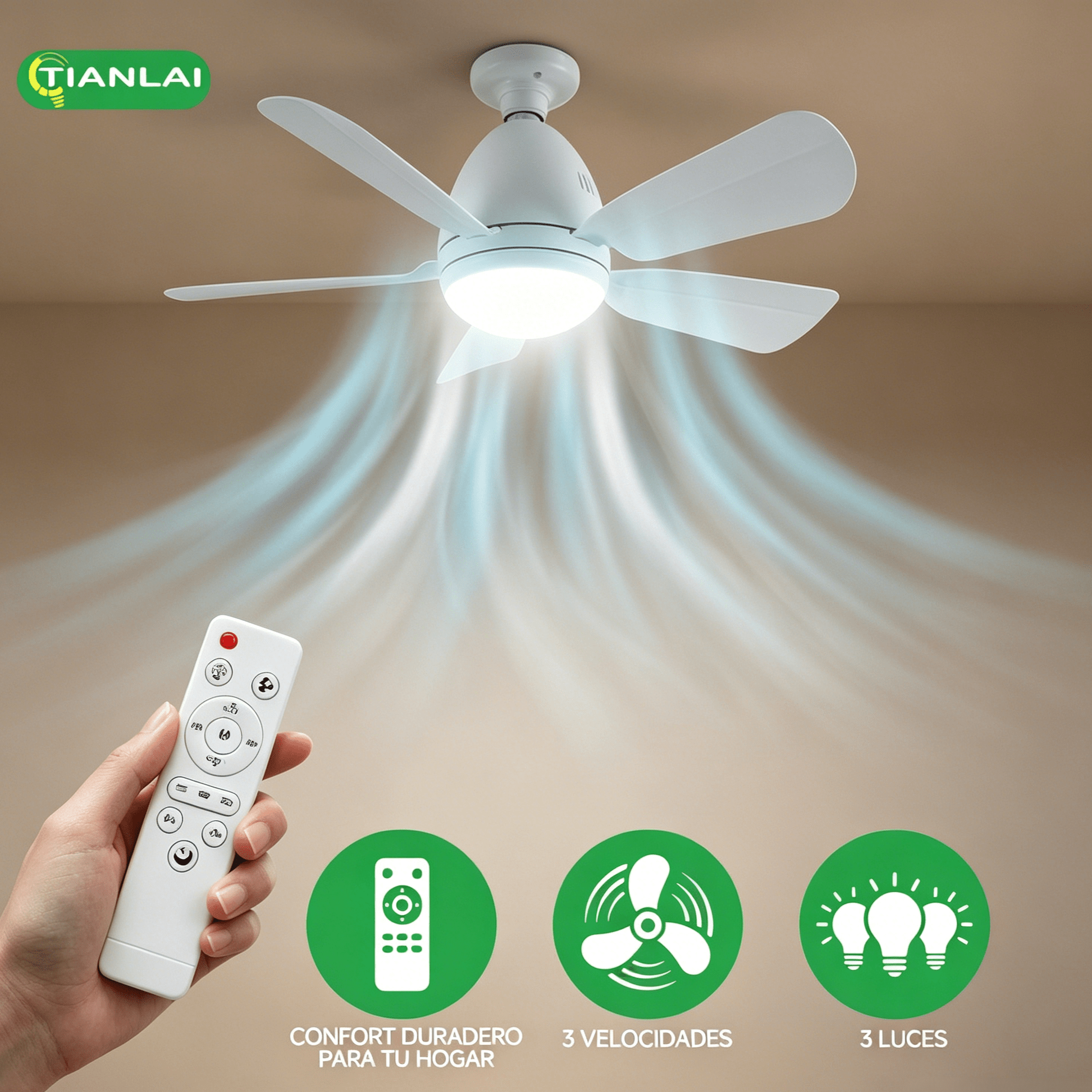 imagen del artículo   ventilador de techo silencioso con luz led  , base e27   instalación, 3 velocidades con control remoto y temporizador,   energético, ideal para dormitorios, salas, cocinas, baños y apartamentos