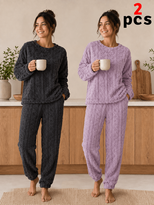imagen del artículo conjunto 4 piezas pijama de mujer felpa coral extra gruesa, blusa cuello con bolsillos y pantalón fruncido, abrigado, ropa de dormir casual para invierno, varios colores