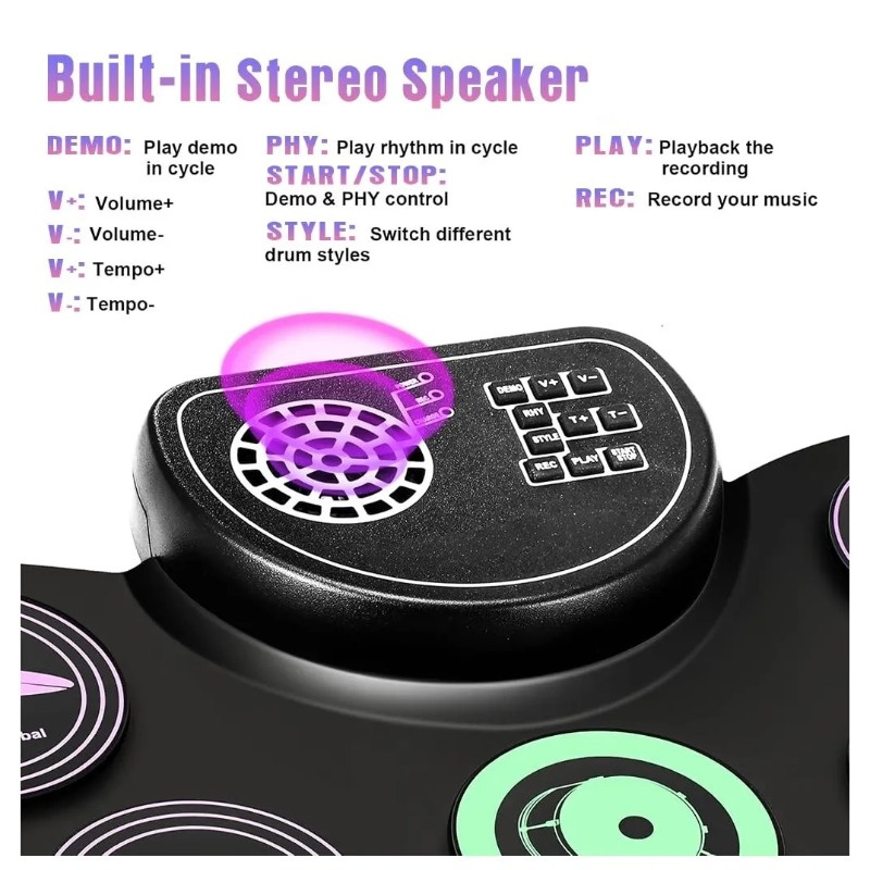 Batería Eléctrica Enrollable con Pedal de Pie y Baquetas, Pad de Batería Electrónica Colorido