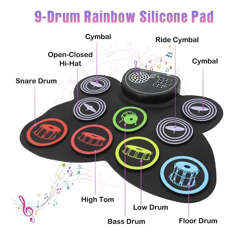 Batería Eléctrica Enrollable con Pedal de Pie y Baquetas, Pad de Batería Electrónica Colorido