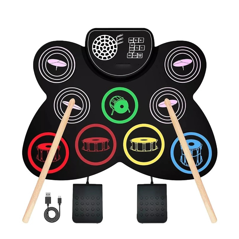Batería Eléctrica Enrollable con Pedal de Pie y Baquetas, Pad de Batería Electrónica Colorido