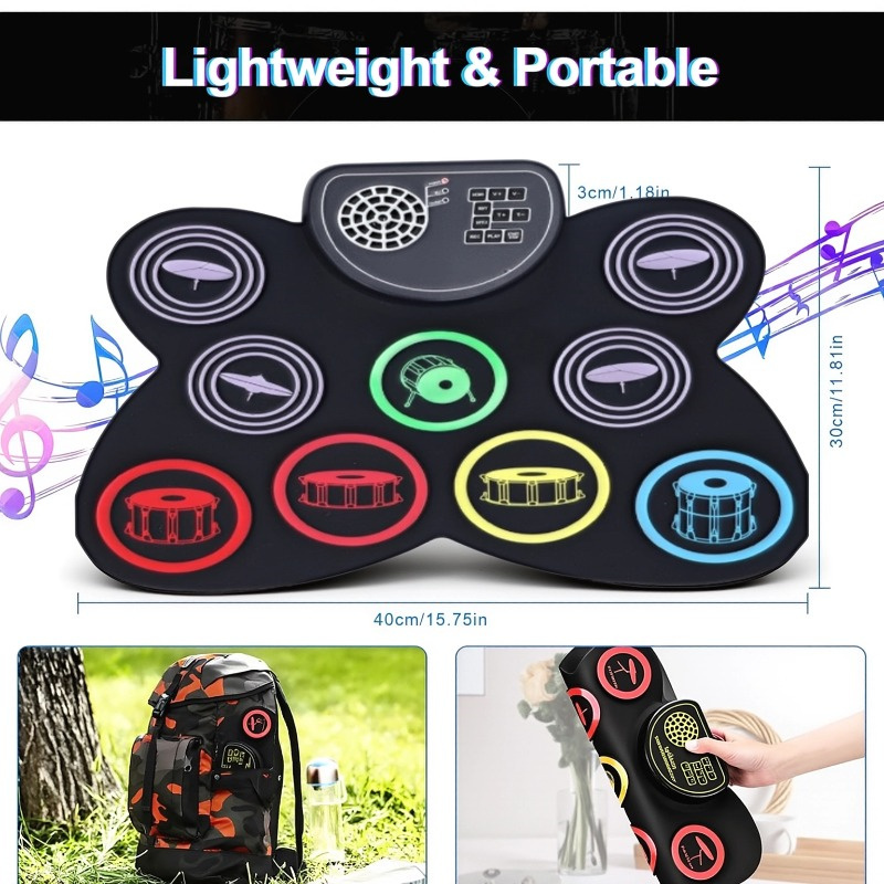 Batería Eléctrica Enrollable con Pedal de Pie y Baquetas, Pad de Batería Electrónica Colorido