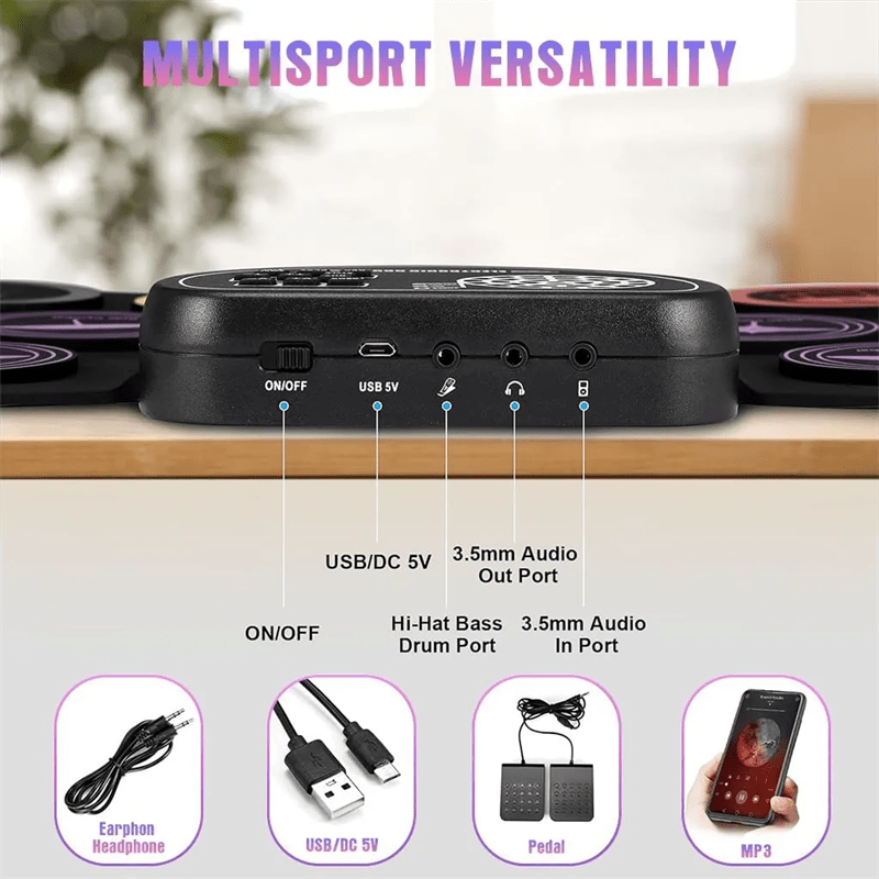 Batería Eléctrica Enrollable con Pedal de Pie y Baquetas, Pad de Batería Electrónica Colorido