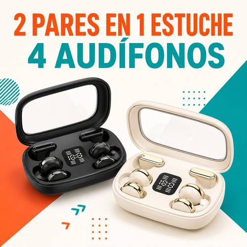 imagen del artículo audífonos bluetooth inalámbricos de clip y oreja , 2 (4 audífonos) en 1 estuche de carga con pantalla led, control táctil, sonido estéreo, para deporte, y viaje