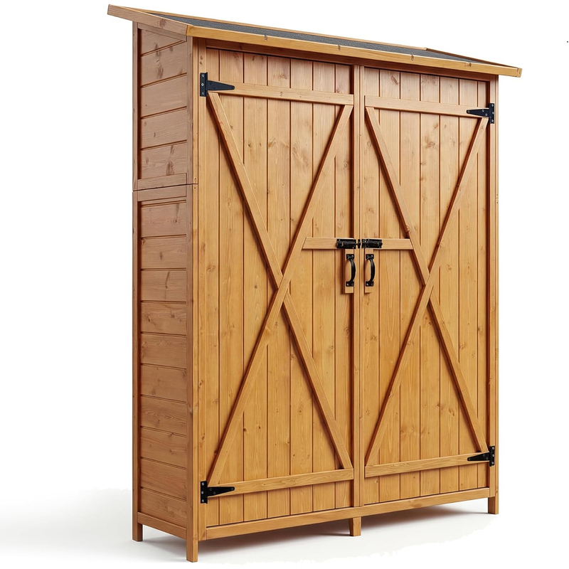   de herramientas de jardín de madera con 2 estantes y puertas con cerradura - armario de almacenamiento exterior impermeable con suelo para patio, jardín,  , organización del césped,     de almacenamiento  .