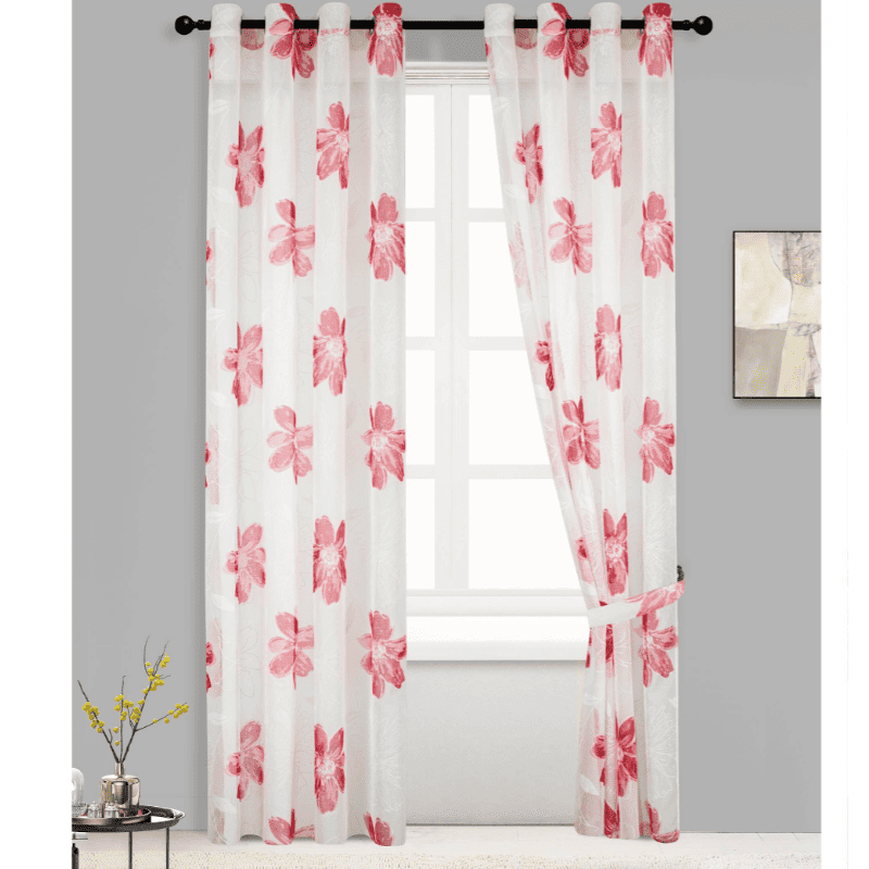 Juego de Cortinas Blancas con detalles de rosas con Ollaos para Barra