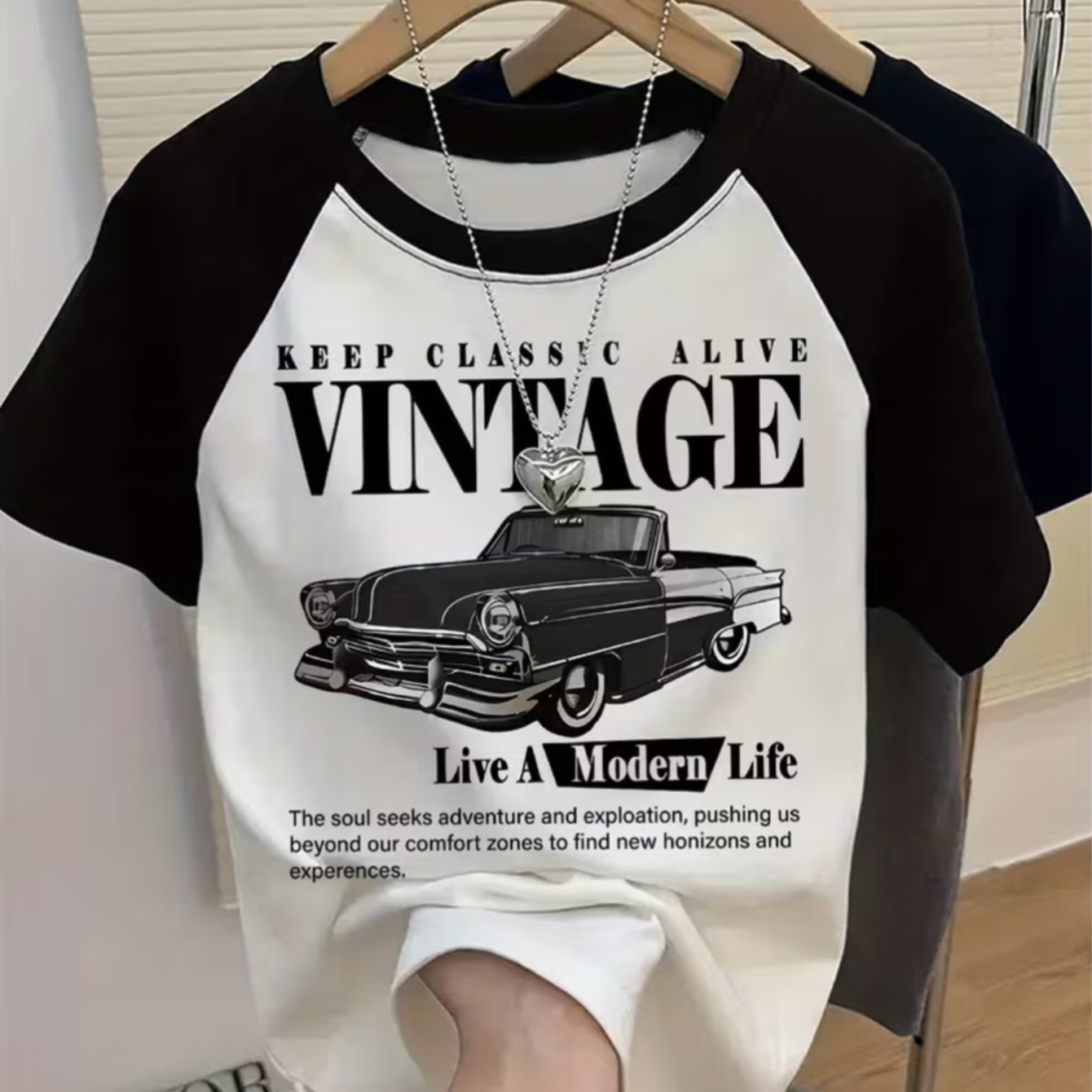 TEMU Woman002Ps Camiseta Casual para Mujer, Envío desde México, Camiseta Corta y Negra con un Hermoso Dibujo de Coche Vintage y Frases Inspiradoras