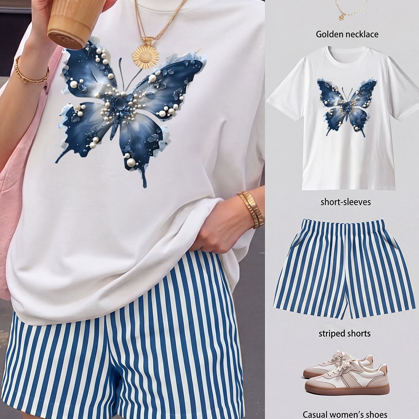 MRYCS |Conjunto de dos piezas para mujer, elegante y casual, con estampado de mariposas azul tinta, que una camiseta…: retailer-supplied image