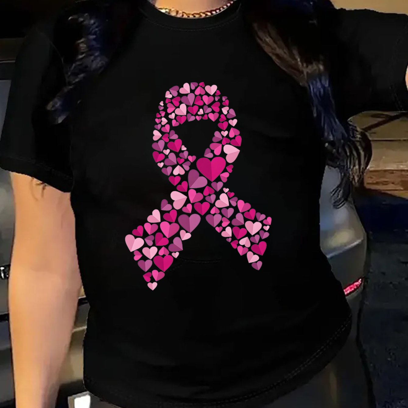 Mgy Mujeres 100% Algodón Holgado T-Shirt Rosa Cinta Estampado del Cáncer de Mama Moda Manga Corta Cuello Redondo,…: retailer-supplied image