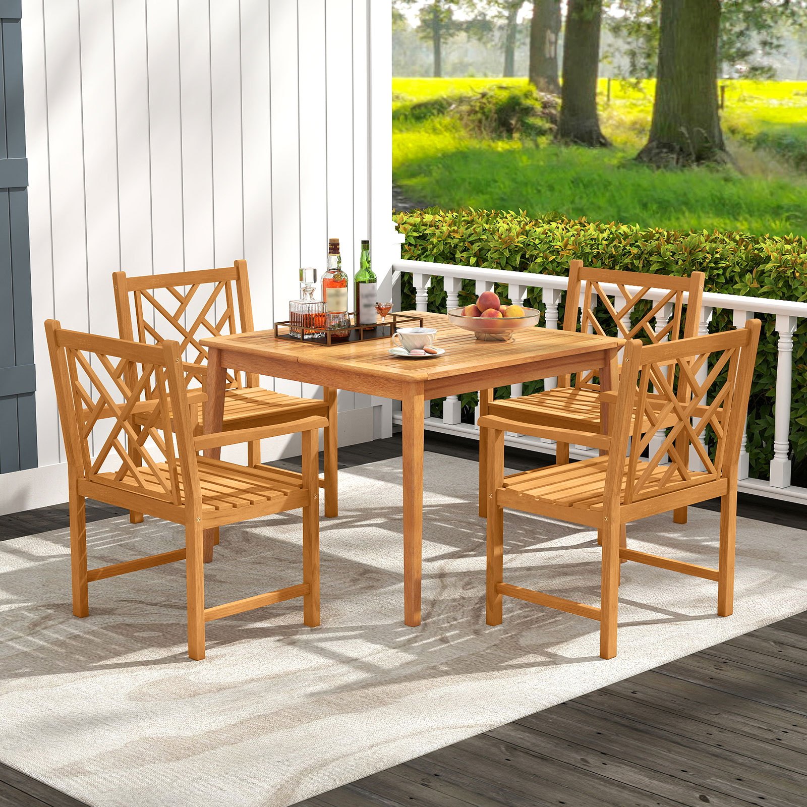 5-Pieces Patio Dining Table Set Wood Square Dining Table with 4 Chairs and Slatted Tabletop, Comfortable Outdoor Seating for Patio Garden Porch Pool Beach
