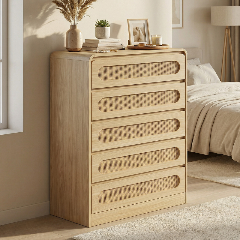   rattan 5 drawer dresser 44tall narrow chest of drawer farmhouse wooden vertical dresser with metal handles modern cabinet for bedroom living room oak