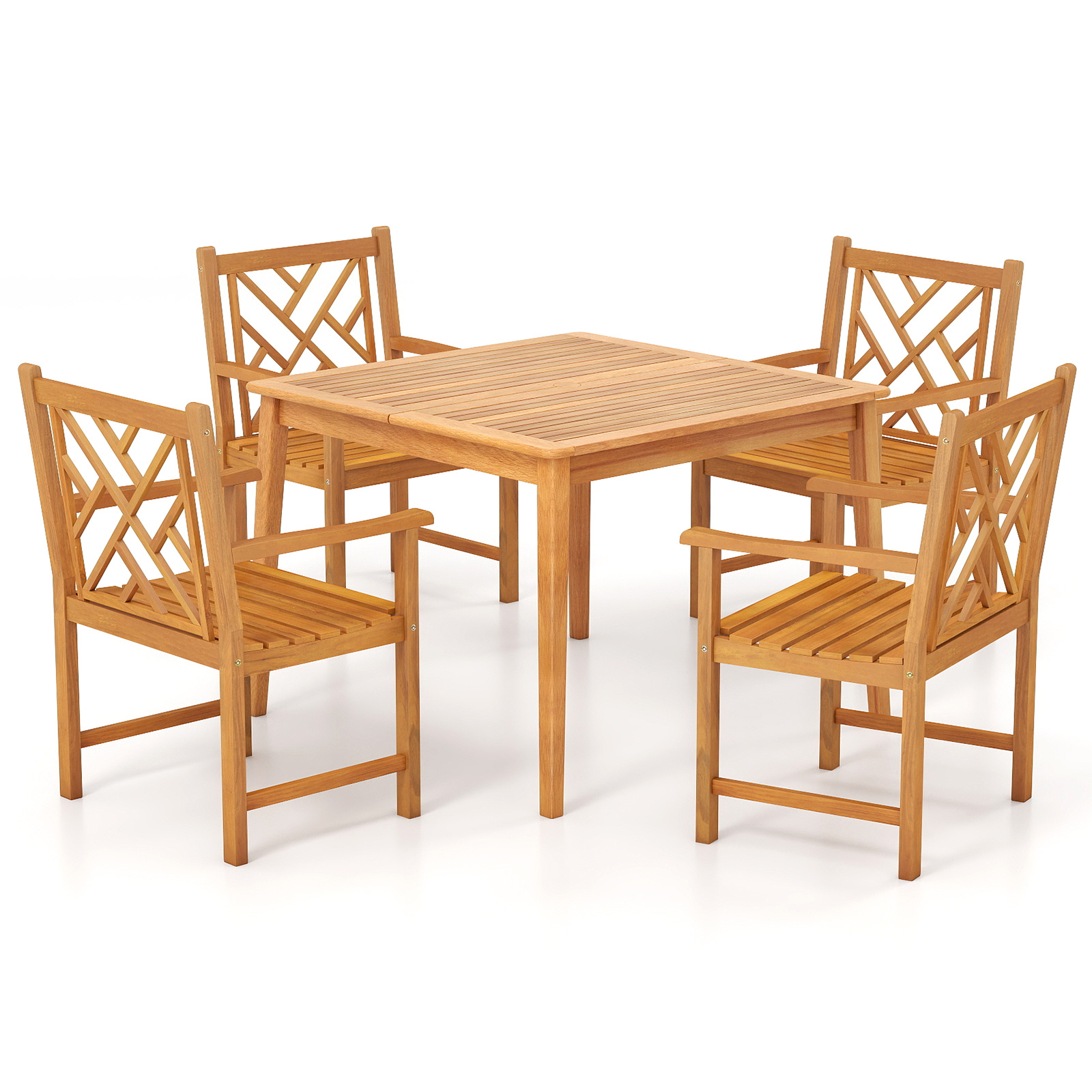 5-Pieces Patio Dining Table Set Wood Square Dining Table with 4 Chairs and Slatted Tabletop, Comfortable Outdoor Seating for Patio Garden Porch Pool Beach