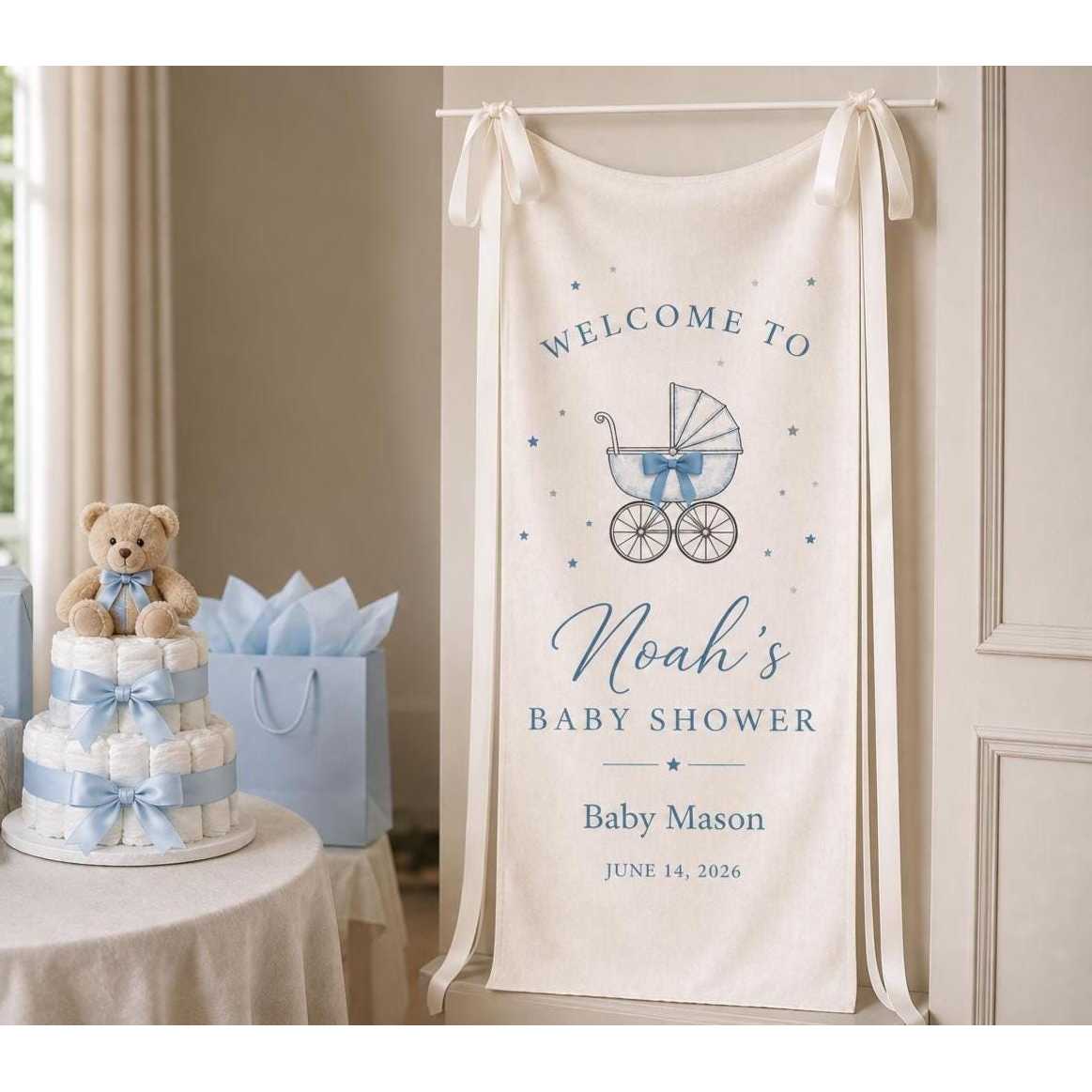 custom baby shower welcome sign tapestry banner blue baby boy party decor personalized welcome bannerbaby shower backdrop nursery theme sign tapestry