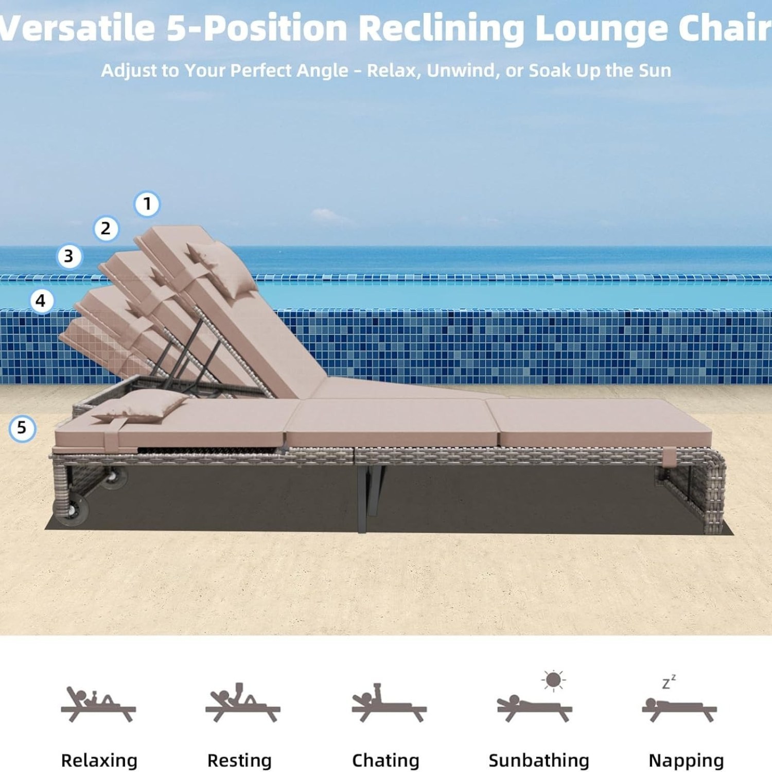 3 Pieces Chaise Lounge Set, Modern Outdoor Patio Furniture with Adjustable Backrest & Side Table, Durable PE Wicker, Weather Resistant Cushions