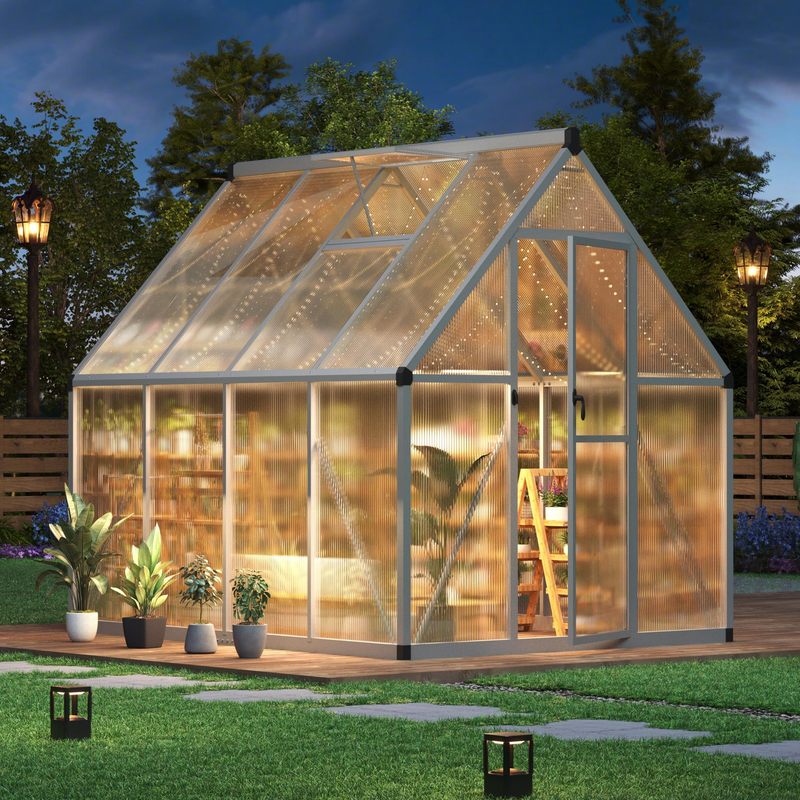   8x12 ft outdoor greenhouse polycarbonate greenhouse with roof vent and ground nails aluminum large walk   house w lockable push door for outdoor   1 6x7 ft