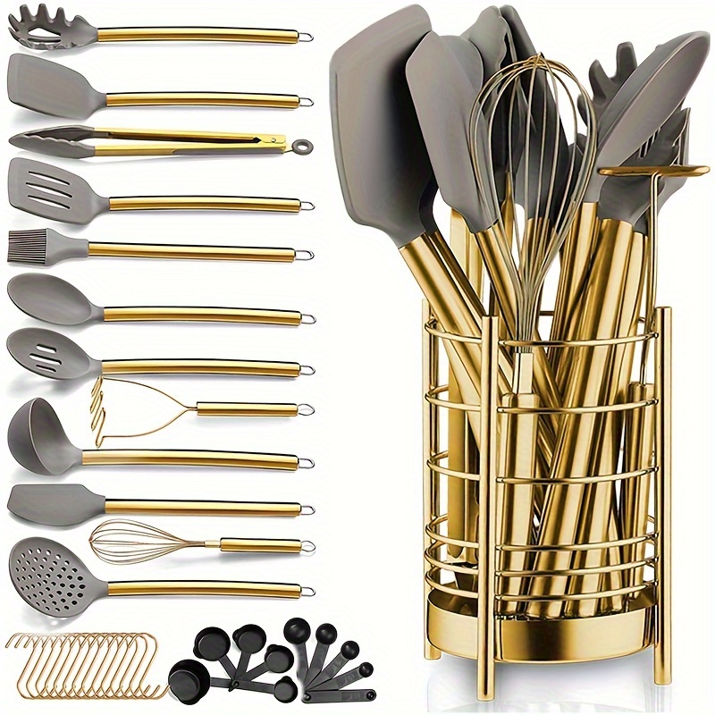 

Gold Kitchen Utensils Set, 38 Pieces Non-stick Silicone Cooking Utensils Set, Kitchen Tools Set, Spoon Spatula Set With Sturdy Stainless Steel Utensil Holder, Dishwasher Safe