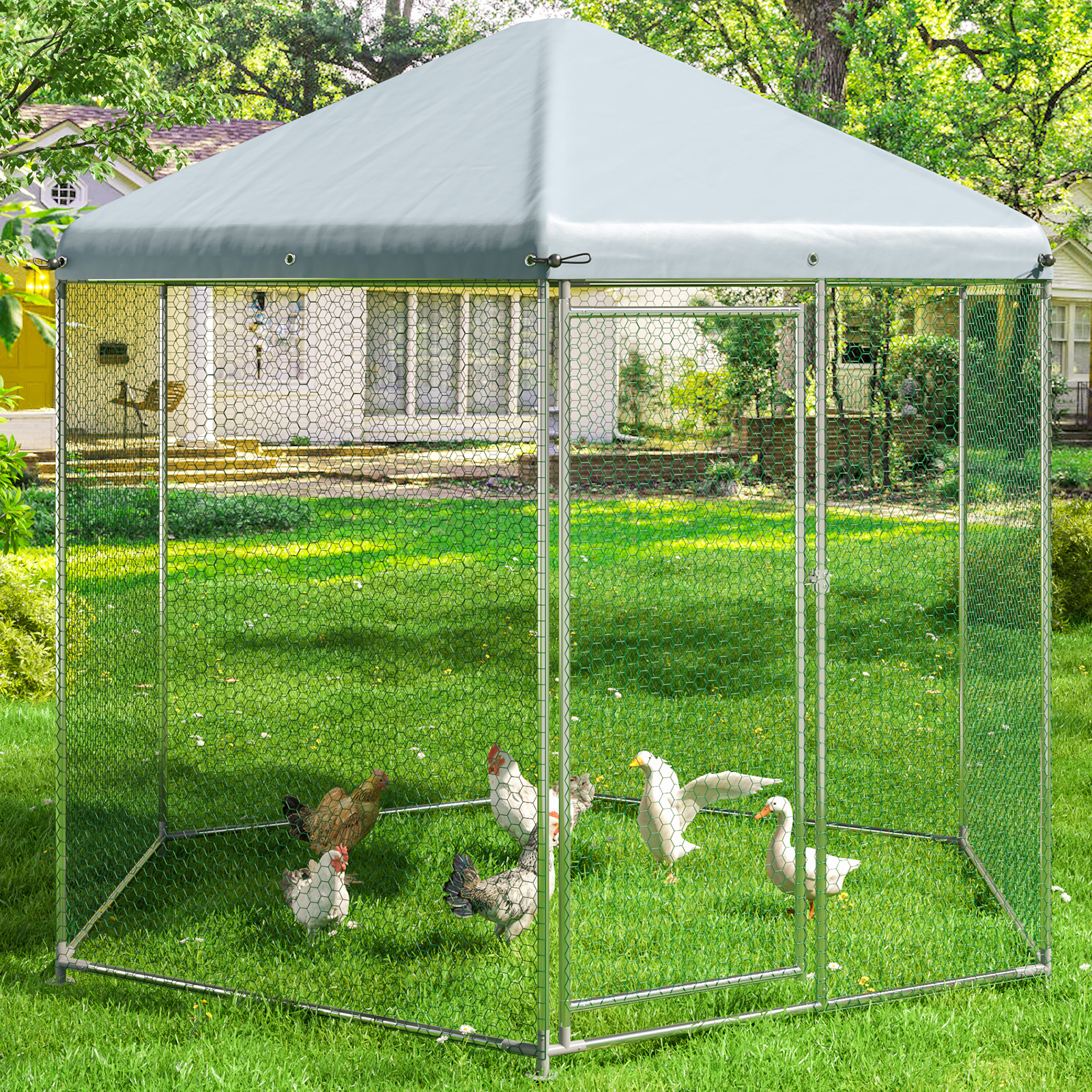 

Chicken Coop,large Metal Pen Suitable For All Seasons,walk In Chicken Coops For 6/10 Chickens,hexagonal Chicken House With Waterproof & Anti-uv Cover For Backyard Farm