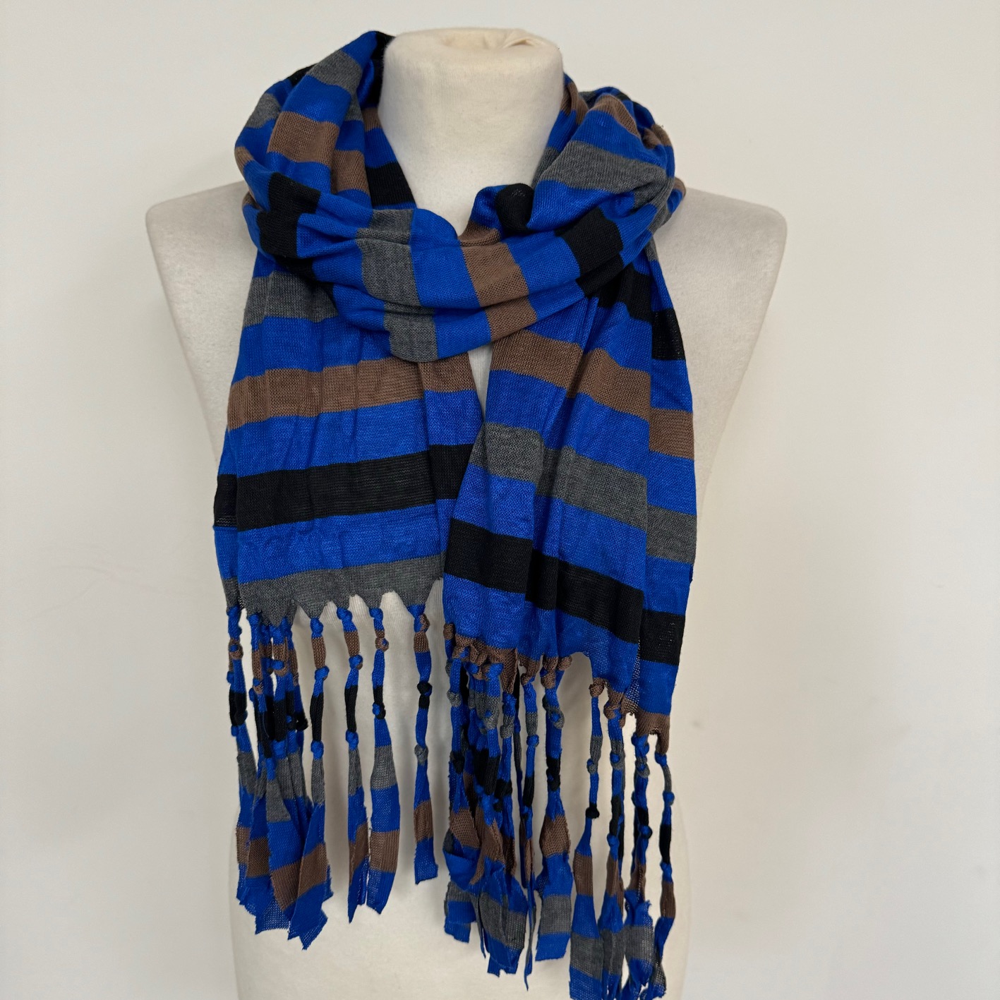 

Striped Knit Long Scarf With Hand-tied Fringe - Vibrant Color Options- For Women, Jj908076-02-tc27,29,30,31