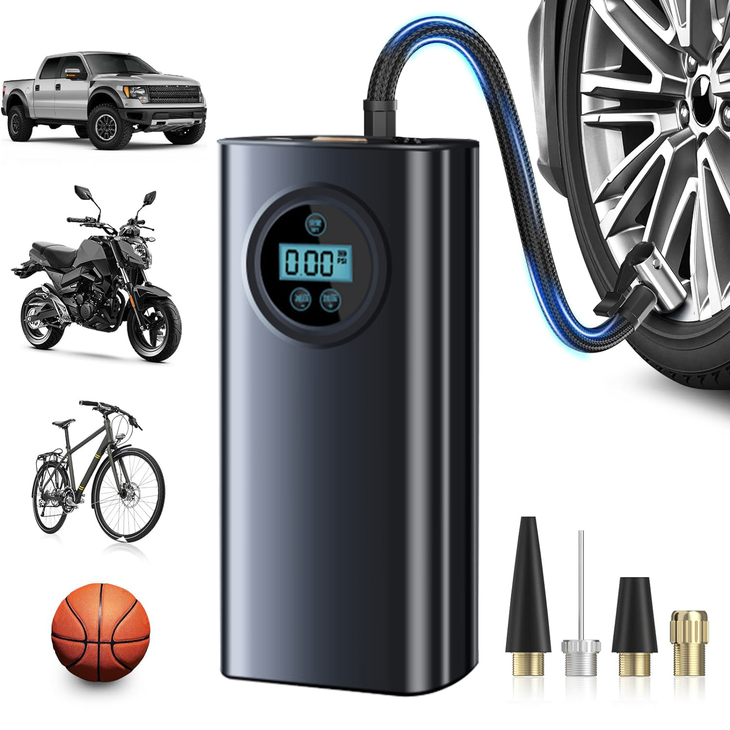 

Portable Compressor Tire Inflator With Lcd Display, With 3 Nozzle Adapters,inflator For Car Tires, Motorcycle, Bike, Basketball, Other Types Of Inflatables