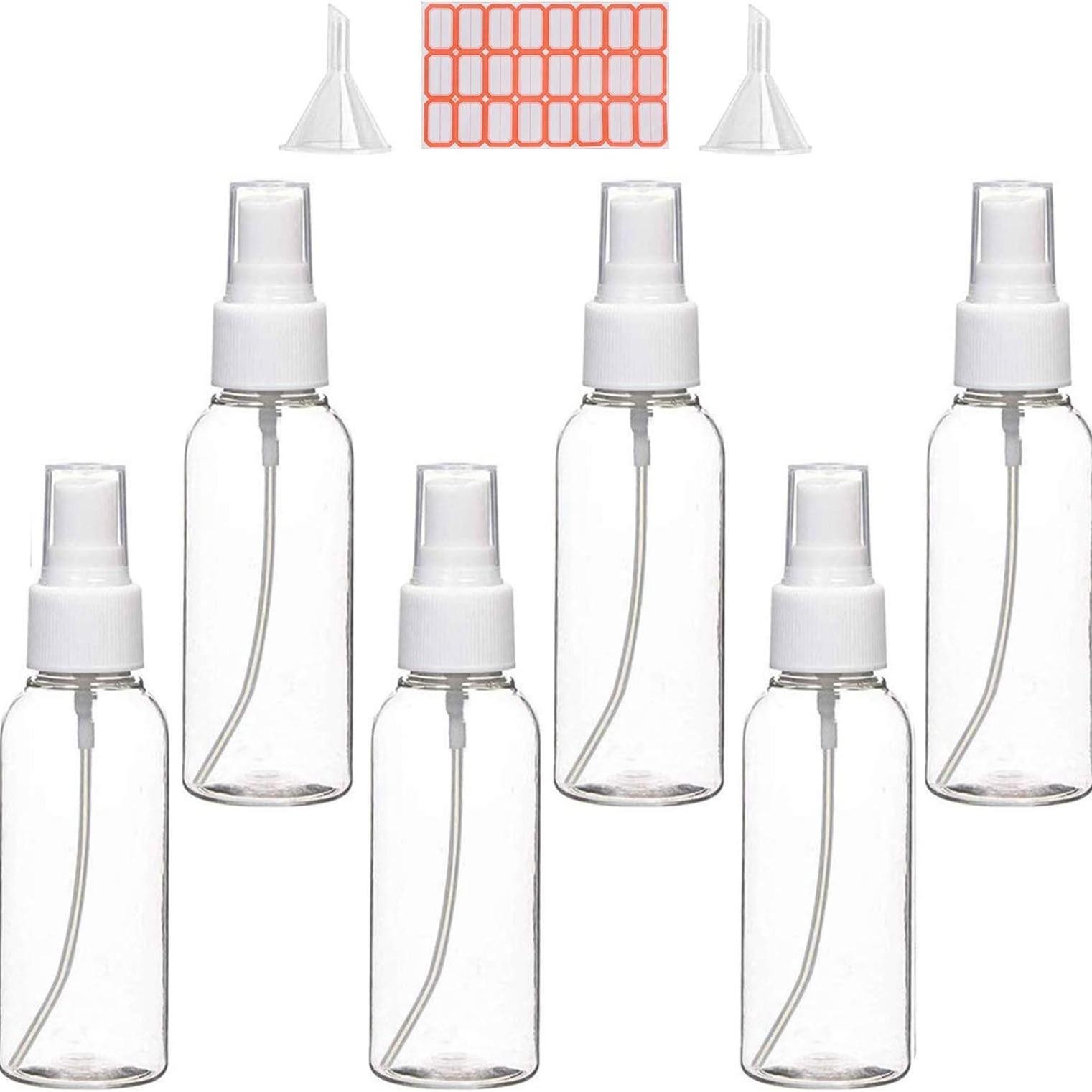 

spray Bottles (6-pack), 2 Oz/50 Ml, Clear, Empty Fine Mist Plastic Mini Travel Bottle Set With 2 Funnels And 24 Labels, Small Refillable Liquid Containers