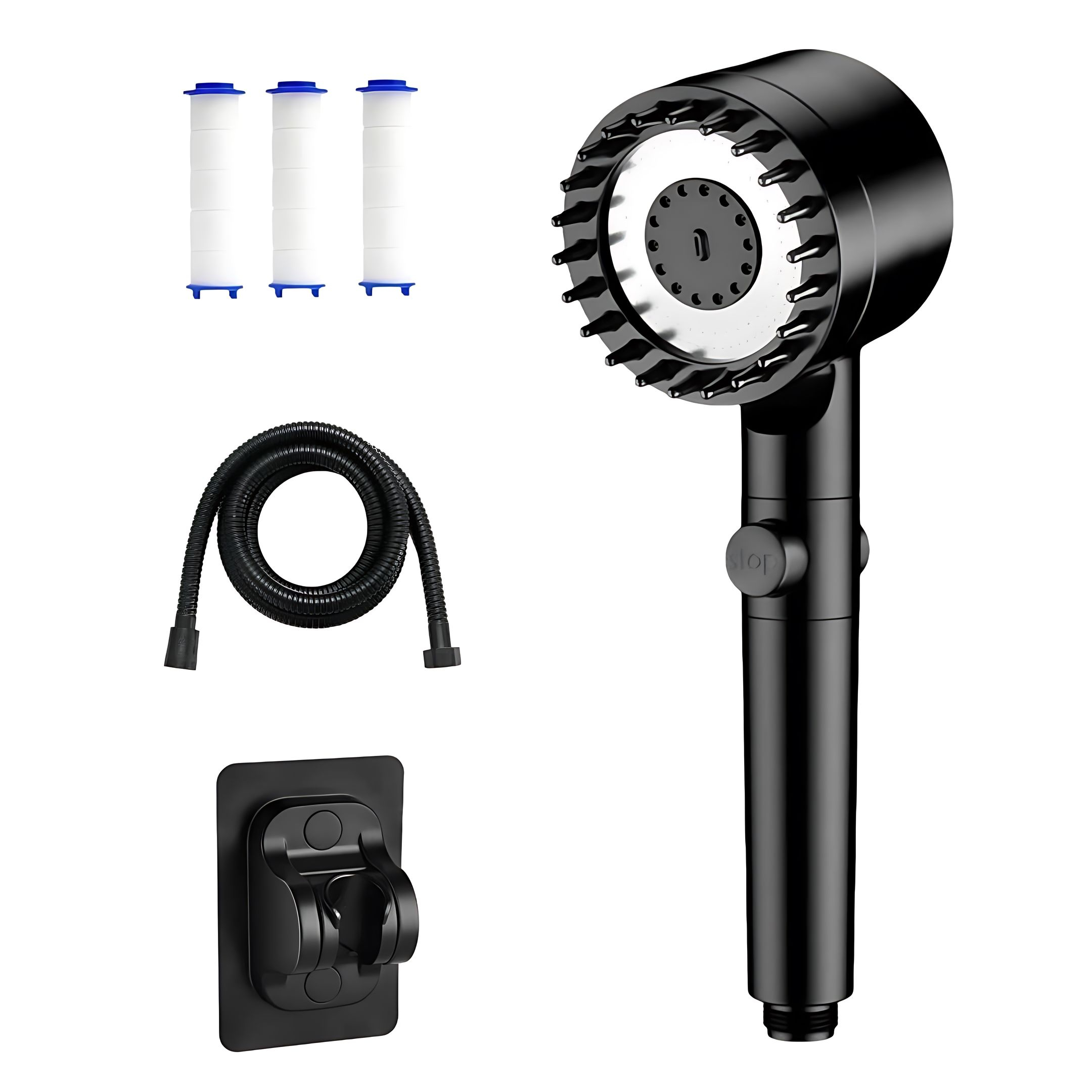 

Black Supercharged Shower Set Bathroom Toilet Bath Massage Shower Head 3 Modes Adjustment Built-in Filter Element Punch-free Bracket Hose 3 Filter Elements Universal Interface