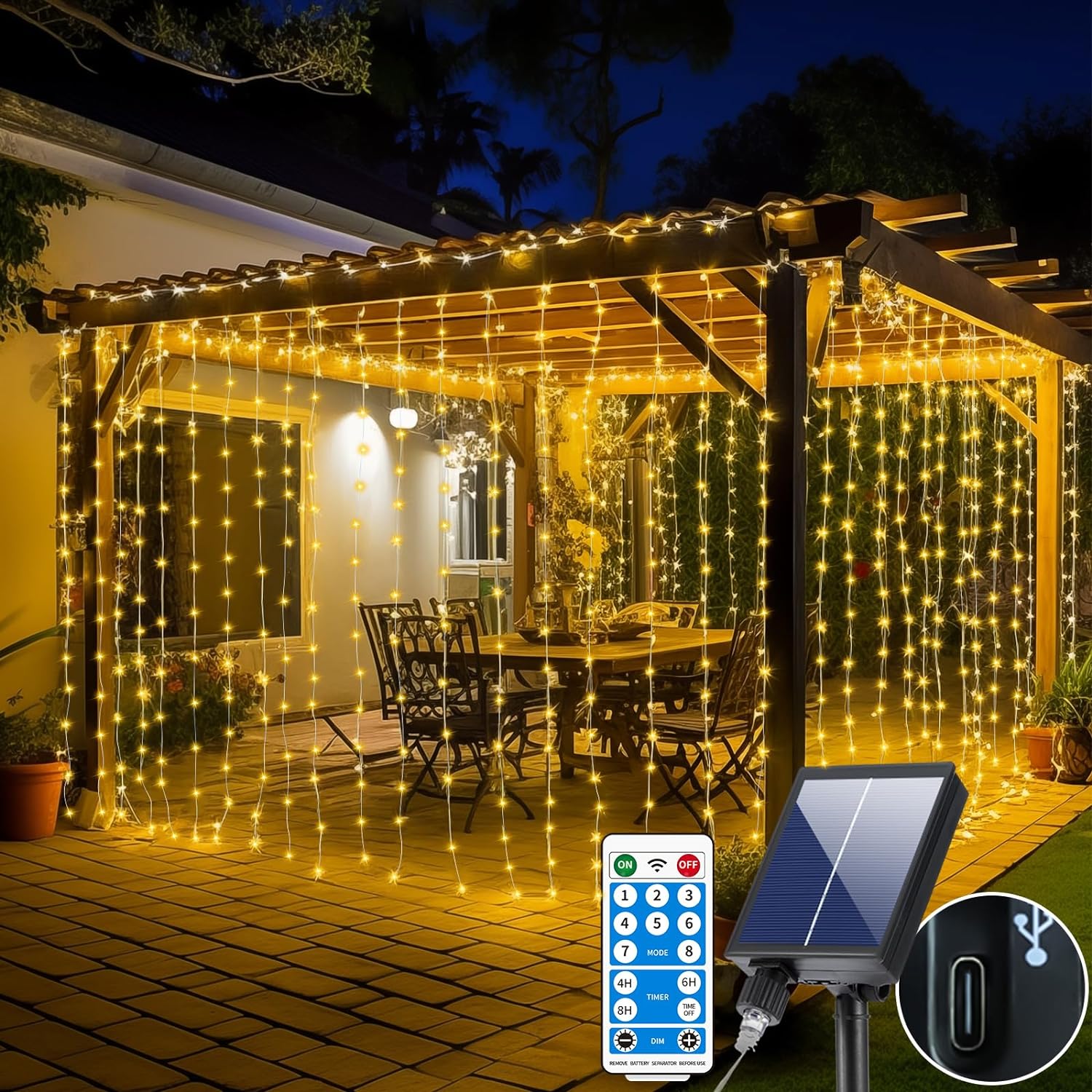 Solar Curtain Light Outdoor 300 Led Pvc Waterfall Fairy Lights With 8