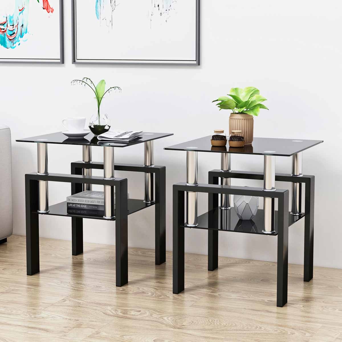 

Set Of 2, Modern Tempered Glass Tea Table Coffee Table End Table, Square Table For Living Room