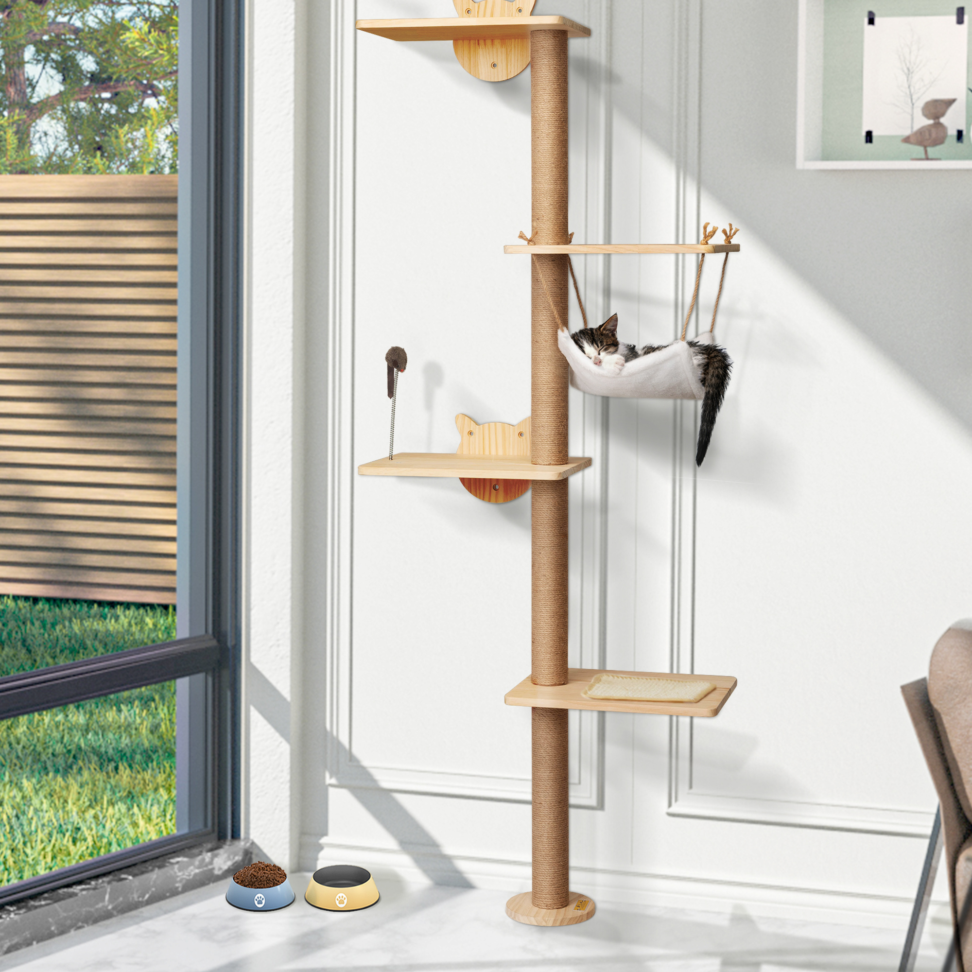 

Wall-mounted Cat Tree 4-tier Cat Scratching Post Cat Activity Tree With Platforms Hammock