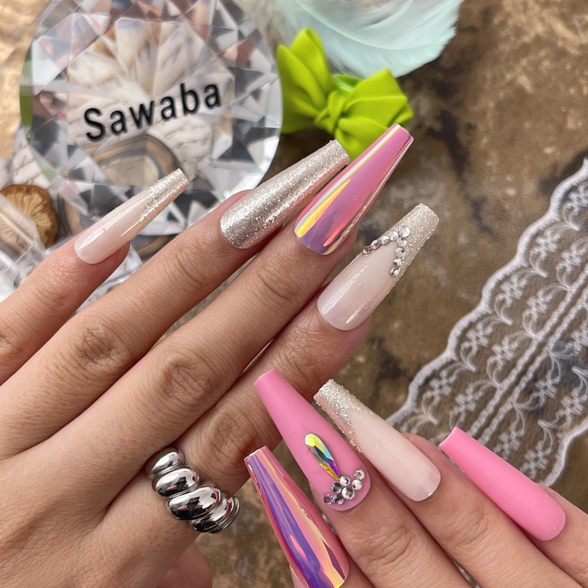 

Nails- 30 Pcs Press On Nails Long Coffin Fake Nails - Pink Glitter Color With Diamond Design False Nails - Long Press-on Nails Full Cover Summer Press On Nails For Women Manicure.211