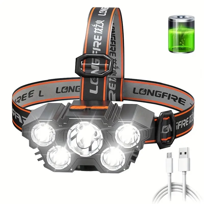 

1pc 5 Led Headlamp, Rechargeable With Built In 18650 Battery Strong Light Headlight, Camping Adventure Fishing Head Light Flashlight