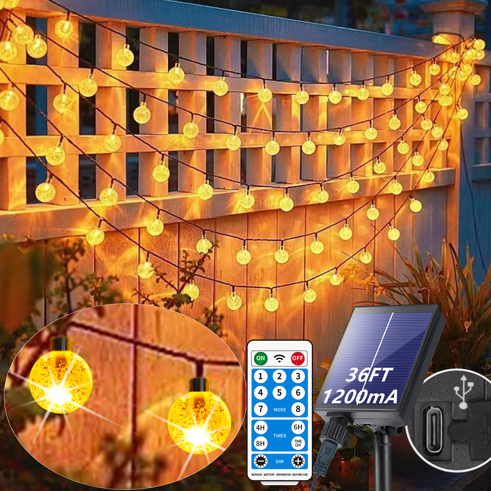 

Solar String Lights Outdoor 39ft 60 Led Large Crystal Globe Lights With Remote Control, Warm White 8 Modes Solar Powered Globe String Lights For Outside Christmas Patio Porch Decor