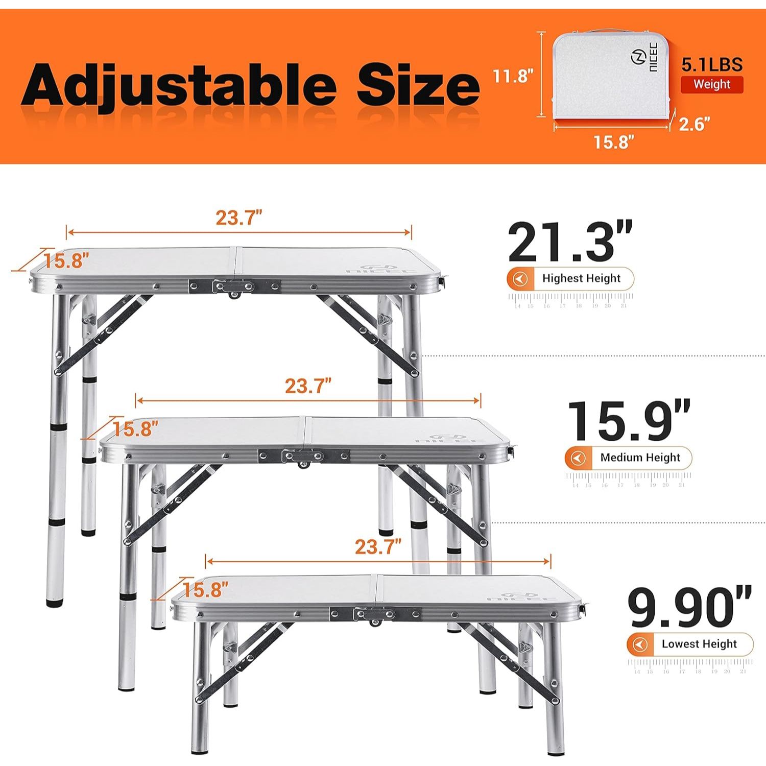 

Versatile Adjustable Height Lightweight Aluminum Folding Table With Carry Handle For Indoor, Outdoor, Camping, Beach, And Office Use