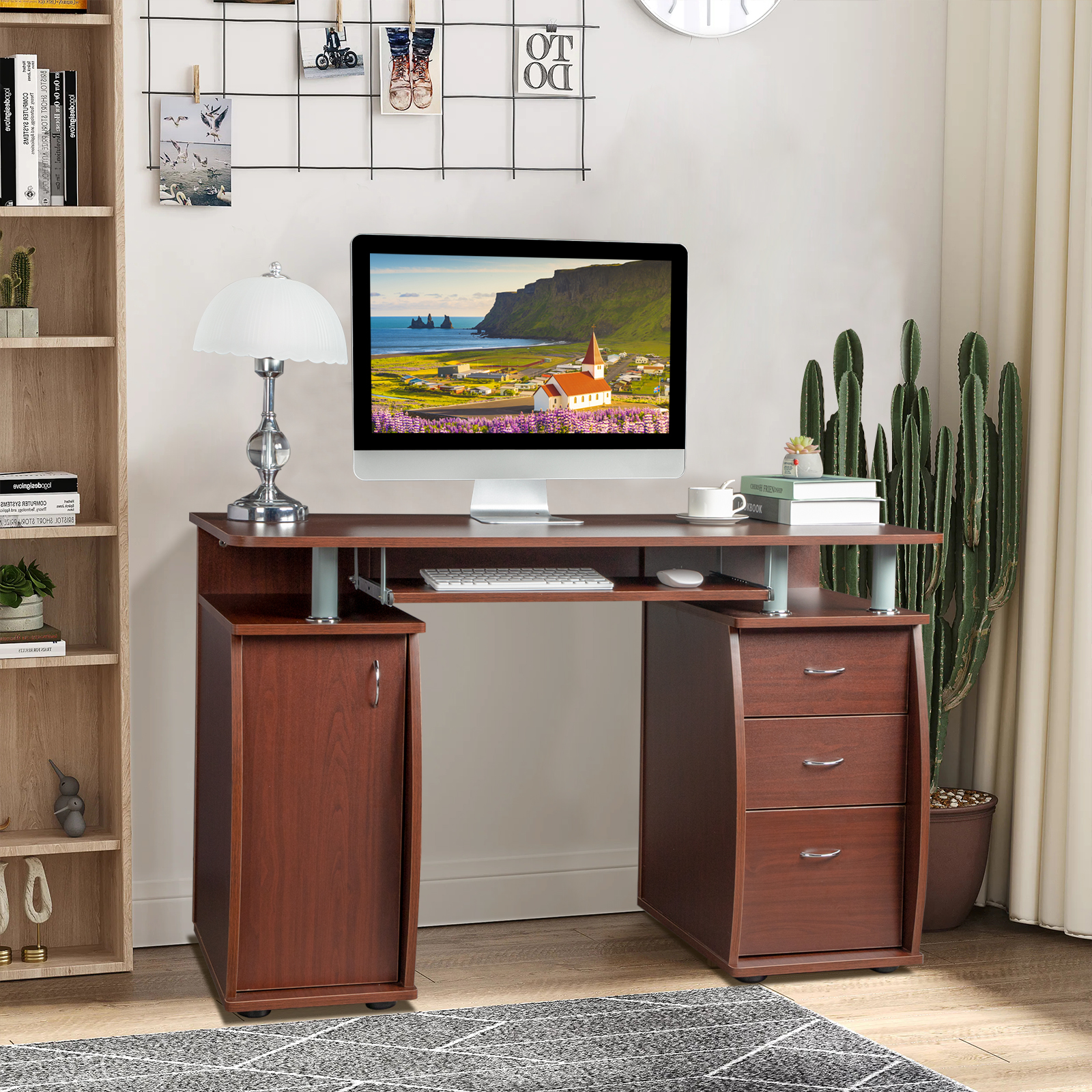 

Portable Computer Desk With 3-drawers 1-door Black/coffee/wood Color