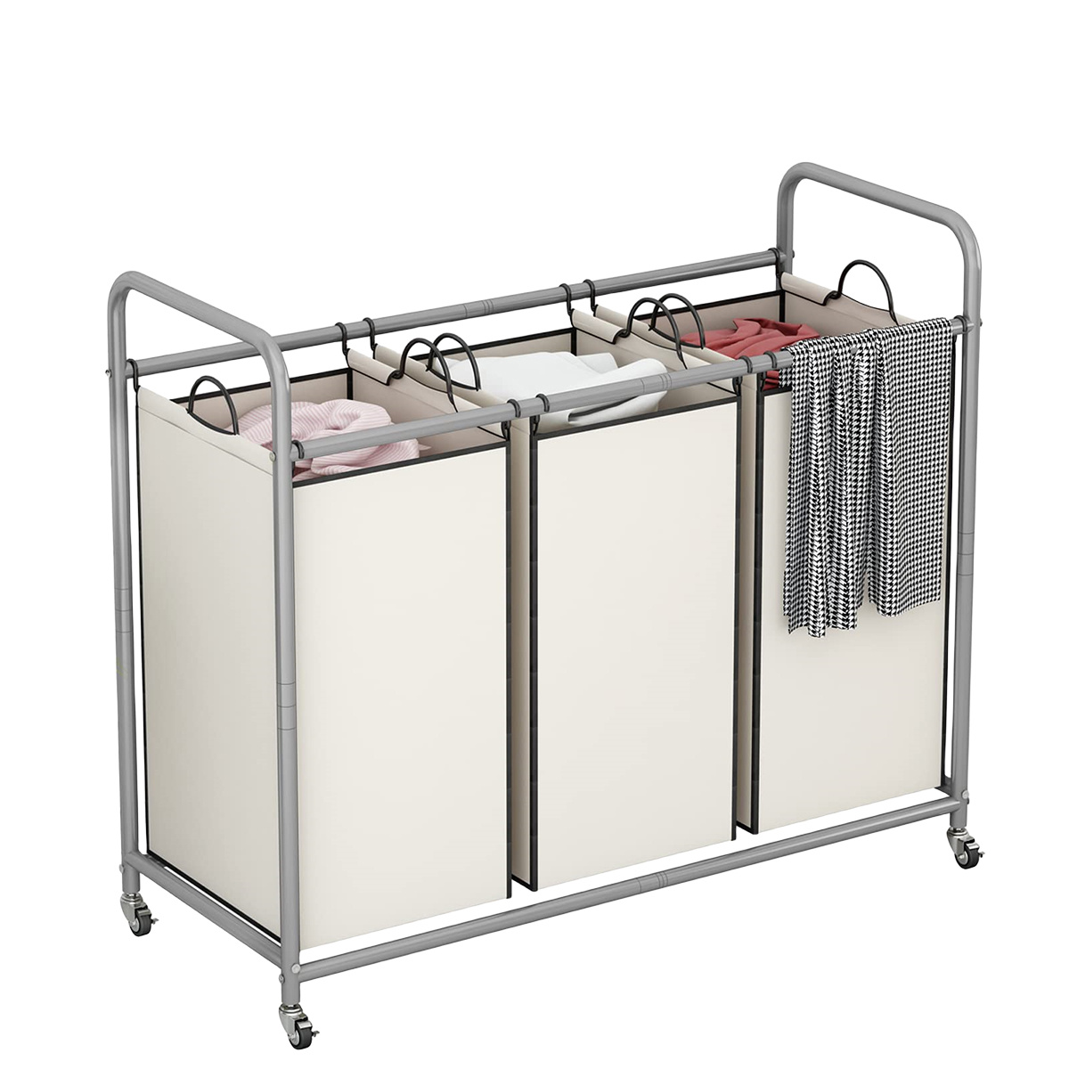 

3-bag Laundry Basket Sorter Cart Laundry Room Organization With Heavy Duty Rolling Lockable Wheels And Removable Bags